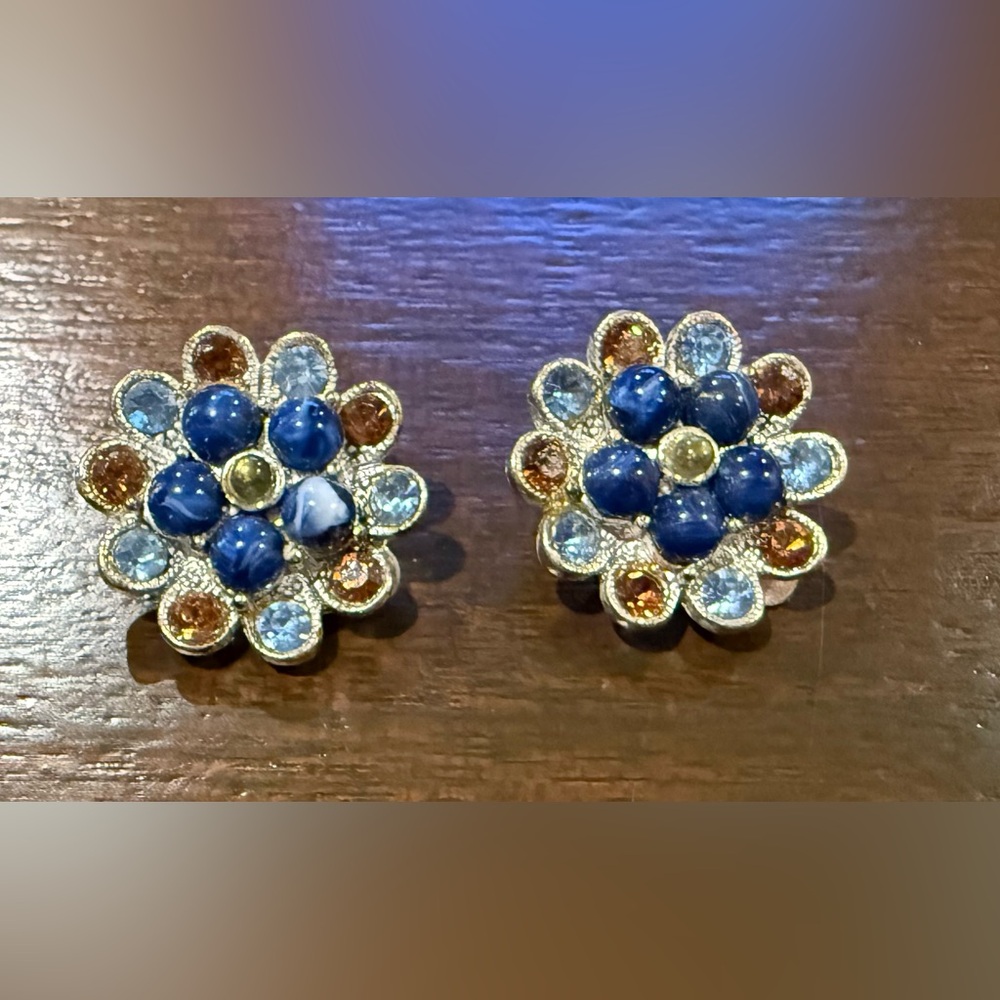Vintage Elegant Blue and Silver Floral Clip‎ Earrings